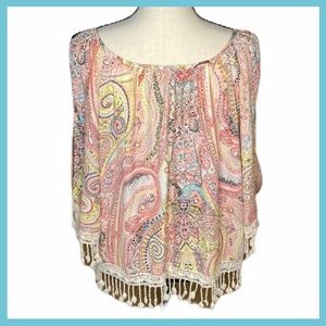 MmMmMm Cold Shoulder Pastels Paisley Fringed Top